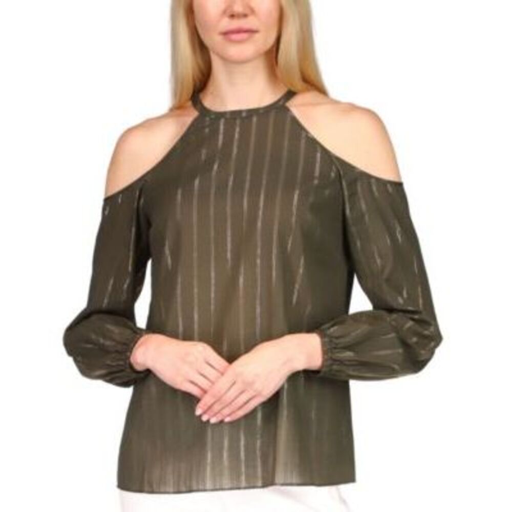 Michael Kors Metallic Stripe Cold-shoulder Top In Ivy - L